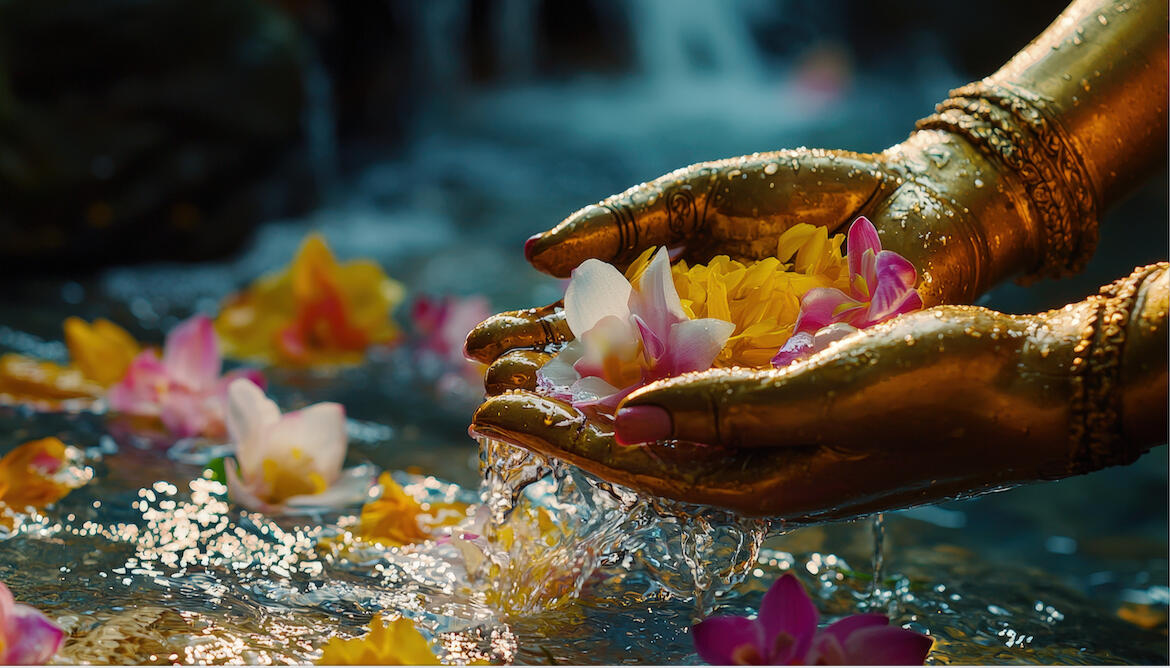 AMAZI Sacred Tea Bottles with Flower of Life Design Two AMAZI glass tea bottles with Flower of Life engraving on blue bench, filled with fresh herbs and lemon water, surrounded by ritual tools including wooden spoon and sacred geometry cards